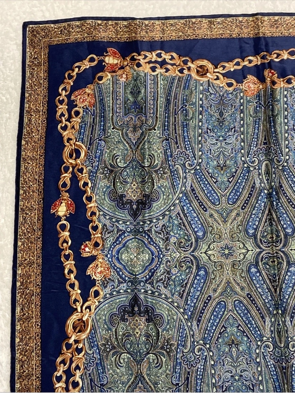 DIOR Vintage SILK Scarf 35” NAVY Gold/Ruby Jewel & Blue-Green Paisley print EUC - Picture 7 of 16